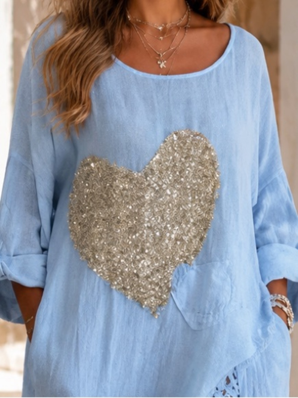 Made in Italy Amore Sequin Heart 100% Linen Asymmetrical Maxi Dress - Picture 2 of 2